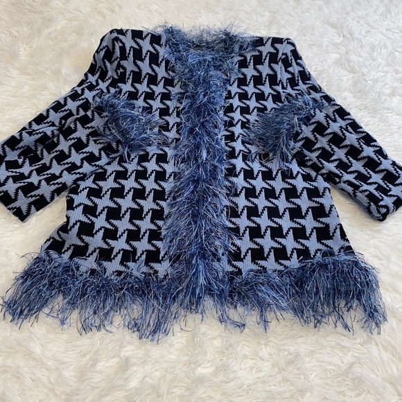 egoiste paris Sweaters - Rare Luxury Vintage Egoiste Paris Wool Cardigan Slate Blue and Black with fringe